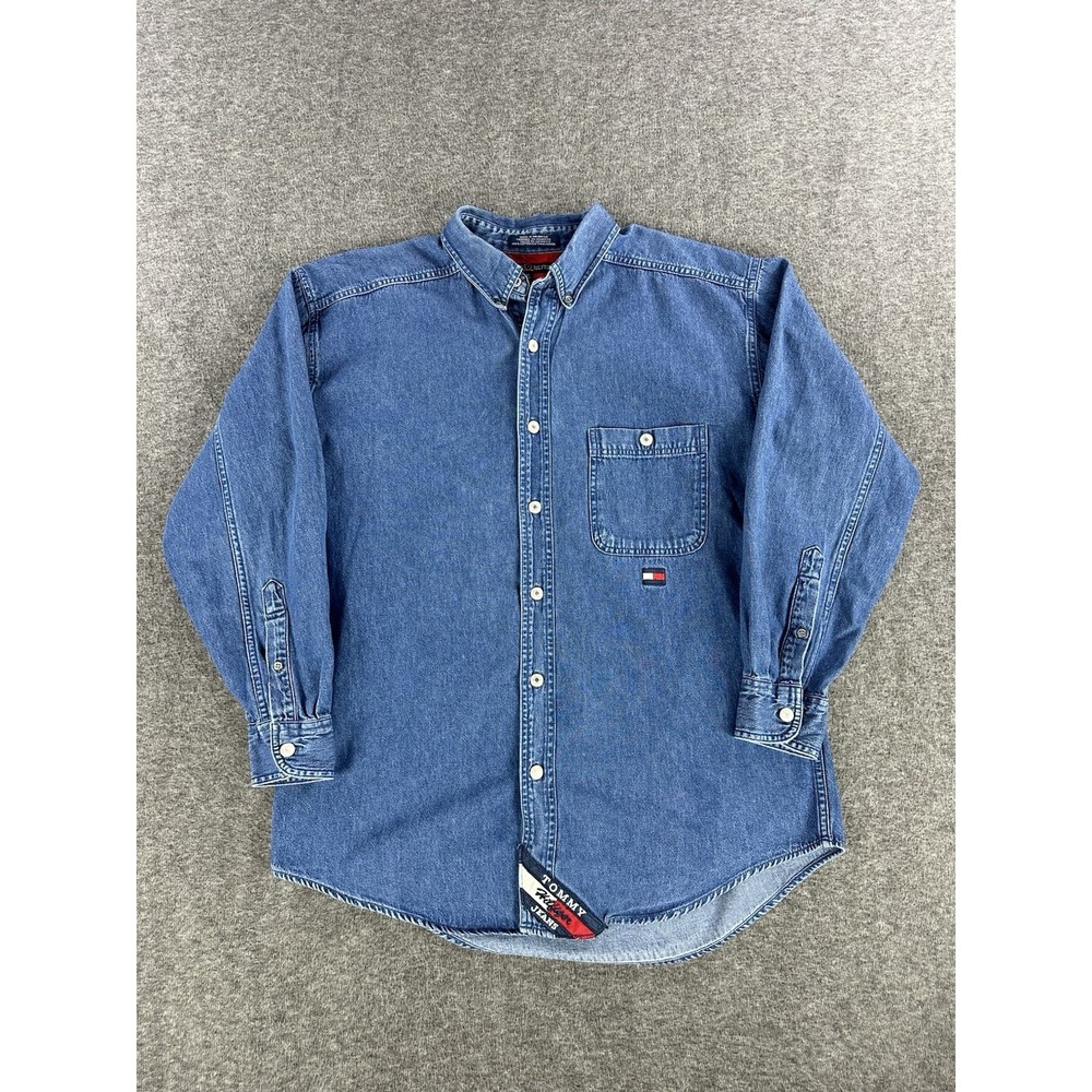 VTG Tommy Hilfiger Denim Shirt Mens Medium Wash Long Sleeve Pocket Classic 90s